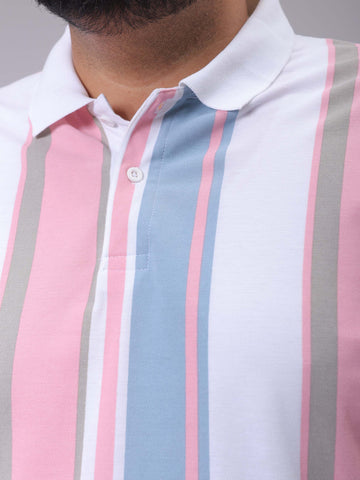 Men's Blue Regular Fit Striped Polo Plus Size T-shirt