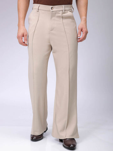 Men's Beige Flared Bootcut Solid Mid-Rise Stretchable Trousers