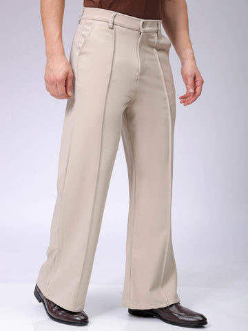 Men's Beige Flared Bootcut Solid Mid-Rise Stretchable Trousers