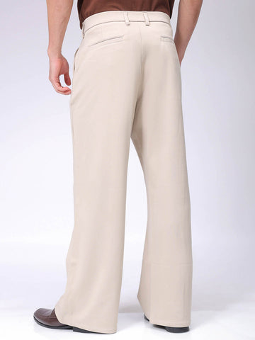 Men's Beige Flared Bootcut Solid Mid-Rise Stretchable Trousers