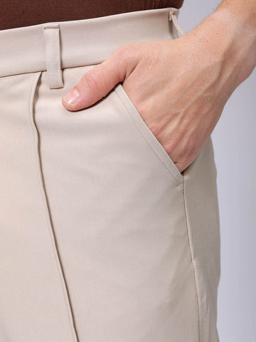 Men's Beige Flared Bootcut Solid Mid-Rise Stretchable Trousers
