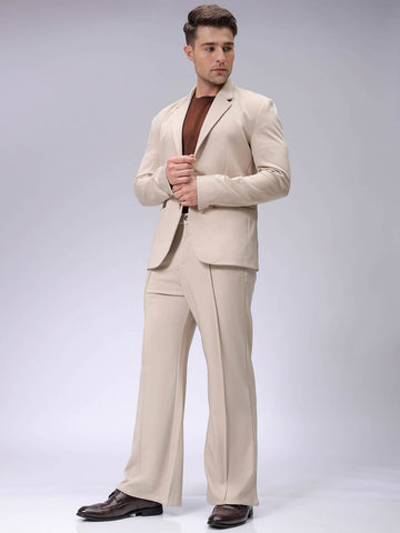 Men's Beige Flared Bootcut Solid Mid-Rise Stretchable Trousers