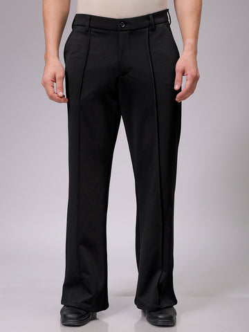 Men's Black Flared Bootcut Solid Mid-Rise Stretchable Trousers