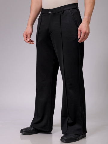 Men's Black Flared Bootcut Solid Mid-Rise Stretchable Trousers