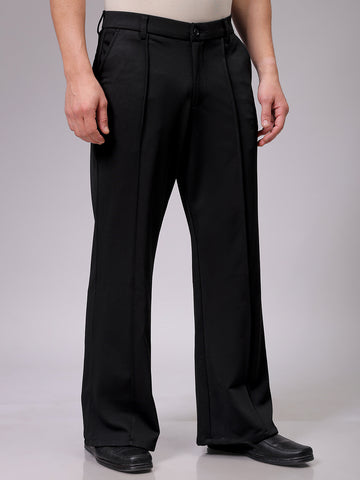 Men's Black Flared Bootcut Solid Mid-Rise Stretchable Trousers