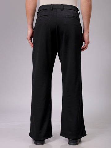 Men's Black Flared Bootcut Solid Mid-Rise Stretchable Trousers