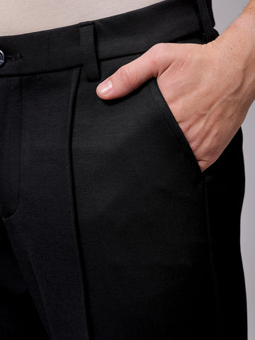 Men's Black Flared Bootcut Solid Mid-Rise Stretchable Trousers