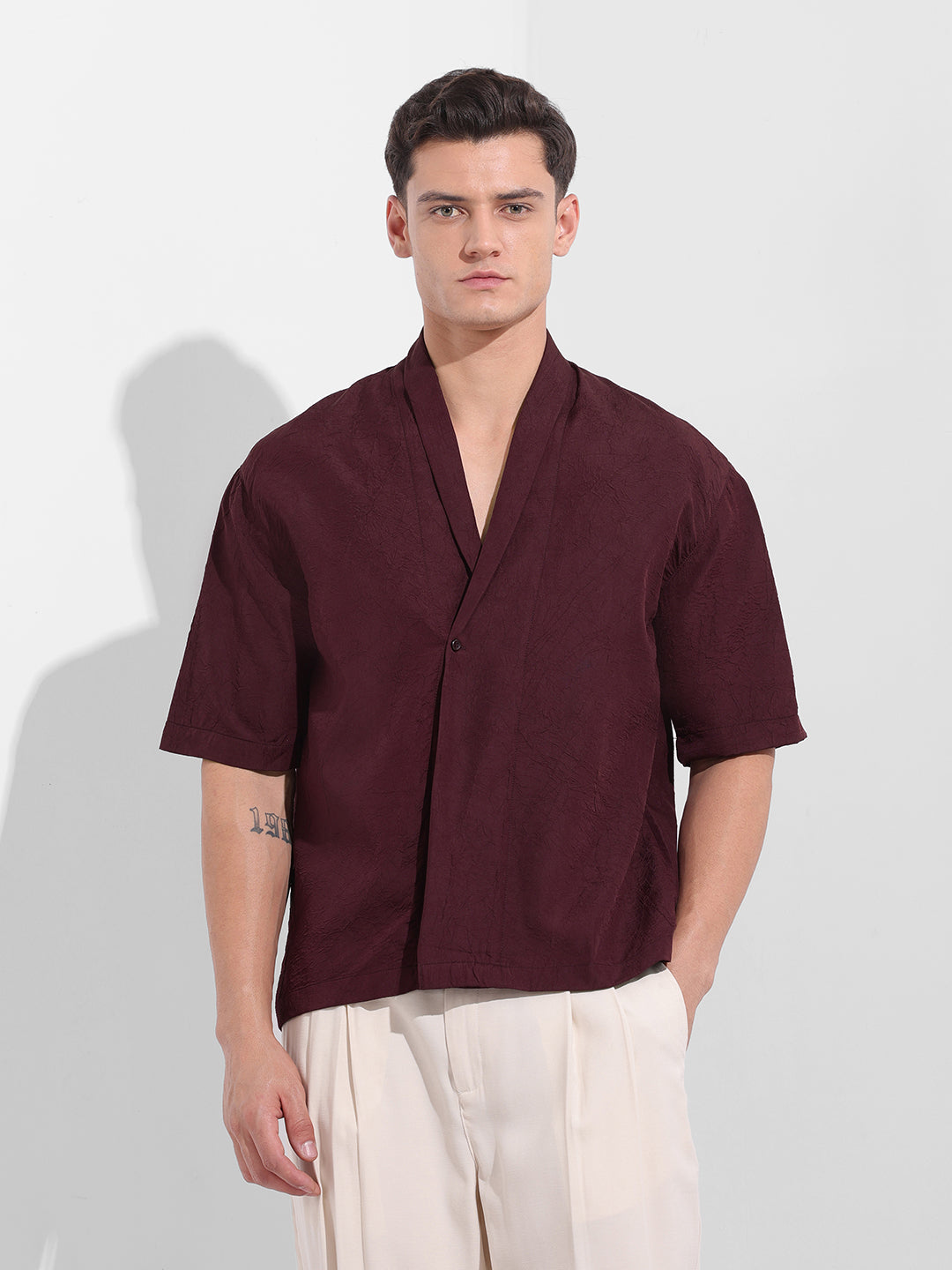 Men's Burgundy Relaxed Fit Textured Party Wear Shirt