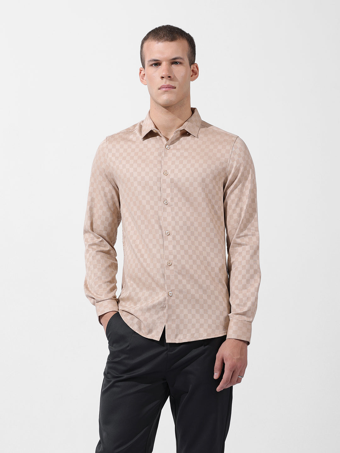 Men's Beige Slim Fit Textured Party Wear Shirt