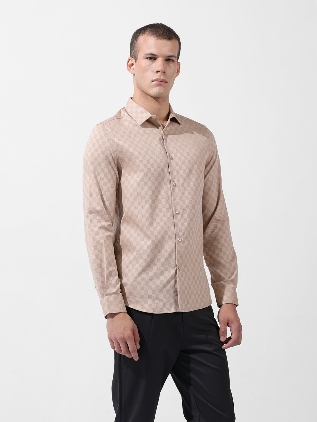 Men's Beige Slim Fit Textured Party Wear Shirt