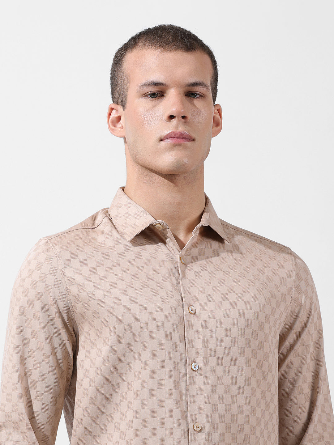 Men's Beige Slim Fit Textured Party Wear Shirt