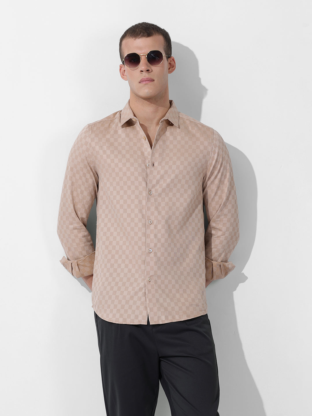 Men's Beige Slim Fit Textured Party Wear Shirt