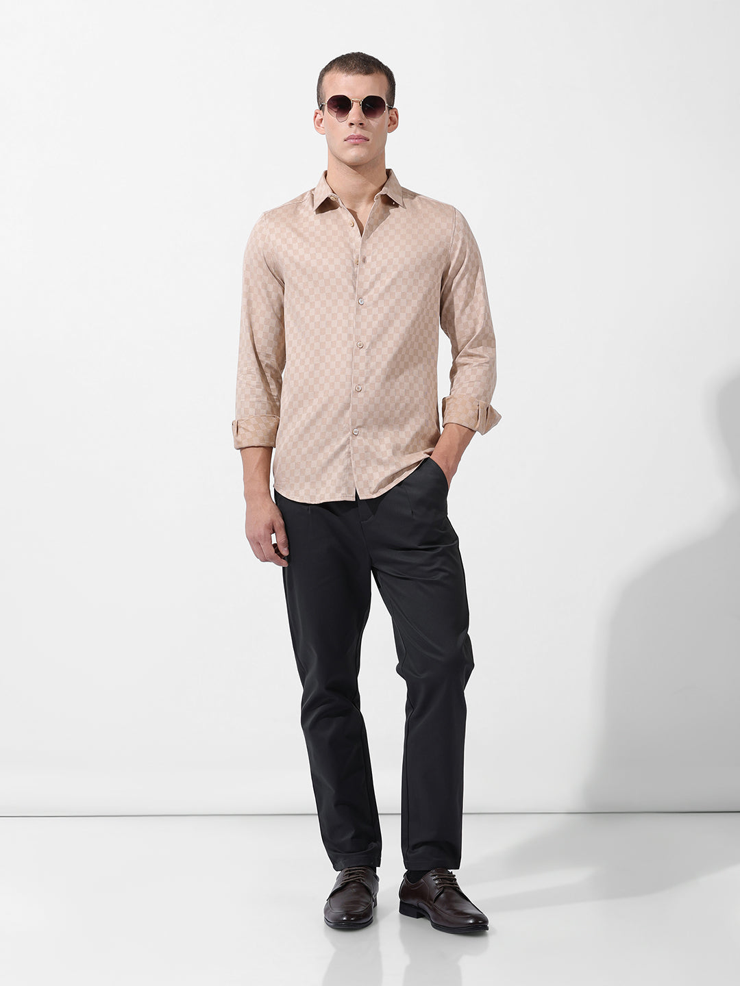 Men's Beige Slim Fit Textured Party Wear Shirt