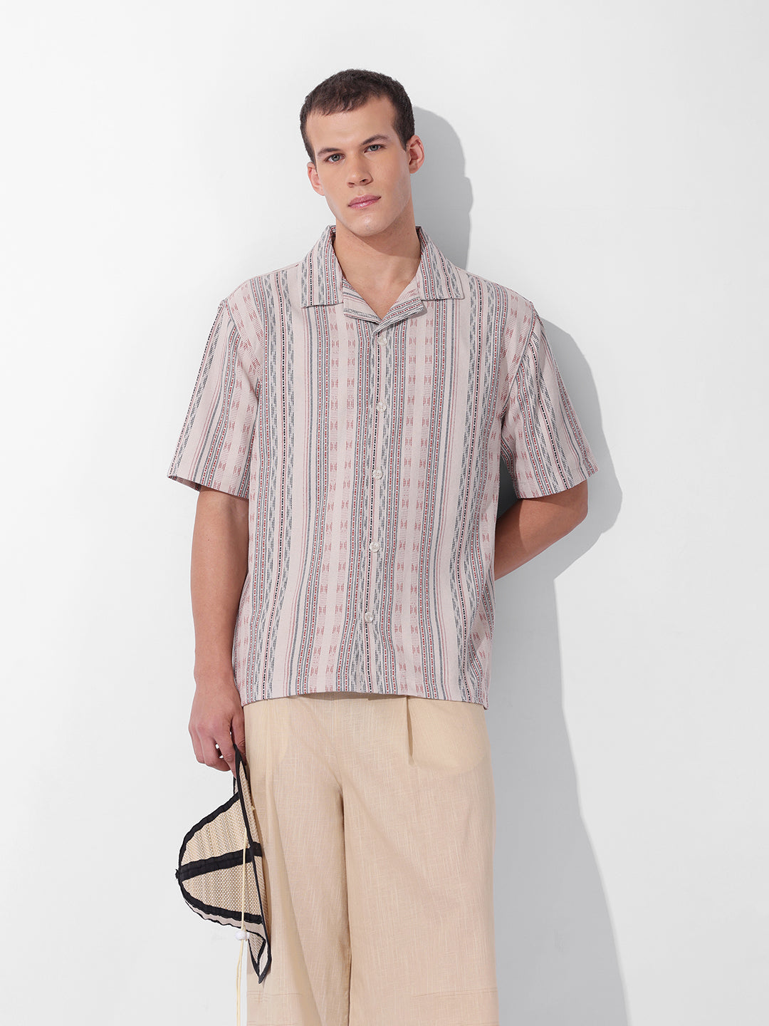 Men's Beige Relaxed Fit Striped Resort Wear Shirt