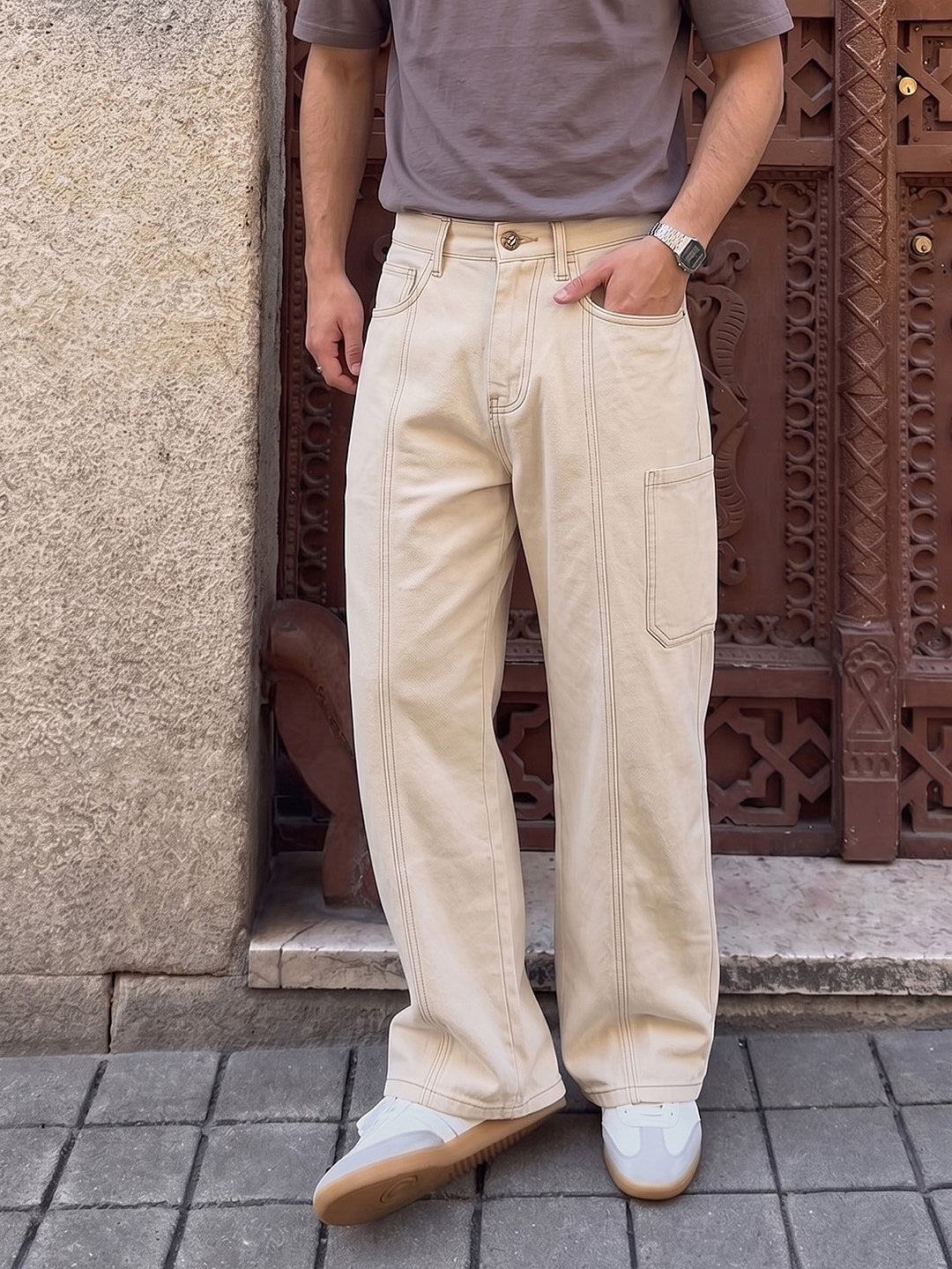 Men's Off White Wide Leg Utility Jeans (White)