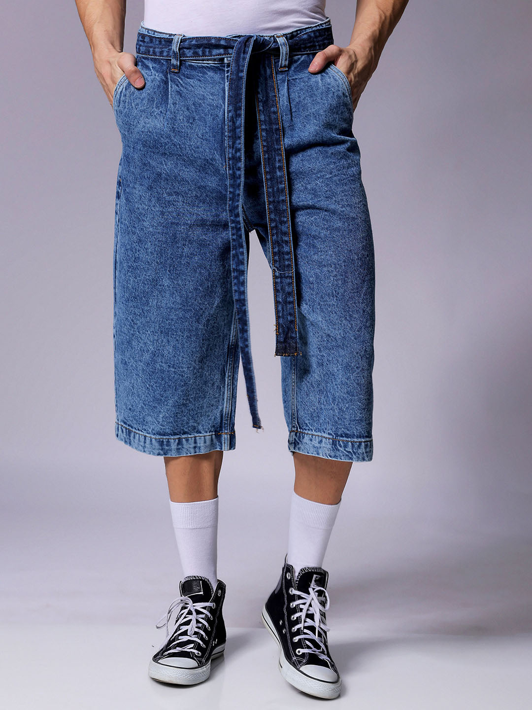 Men's Blue Loose Fit Solid Mid-Rise Capri Jeans – TIGC