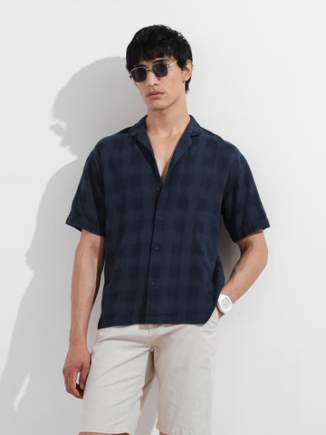 Men's Blue Relaxed Fit Resort Wear Textured Shirt