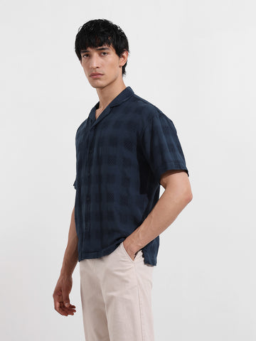 Men's Blue Relaxed Fit Resort Wear Textured Shirt