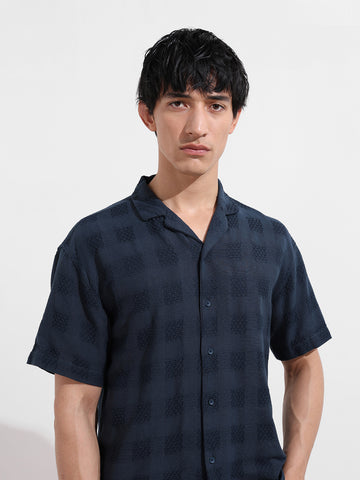 Men's Blue Relaxed Fit Resort Wear Textured Shirt