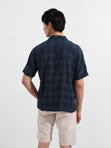 Men's Blue Relaxed Fit Resort Wear Textured Shirt
