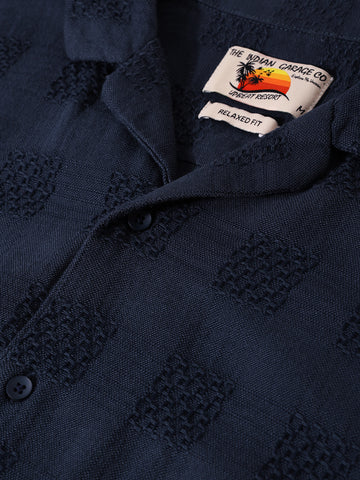 Men's Blue Relaxed Fit Resort Wear Textured Shirt