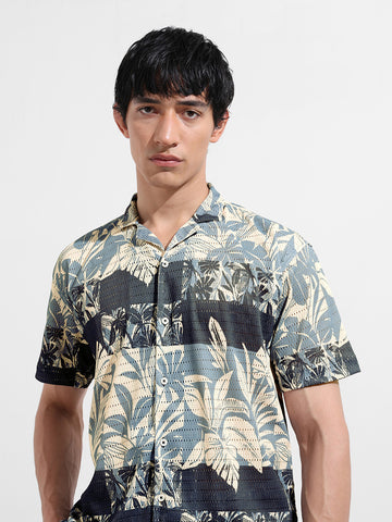 Men's Grey Relaxed Fit Printed Resort Shirt