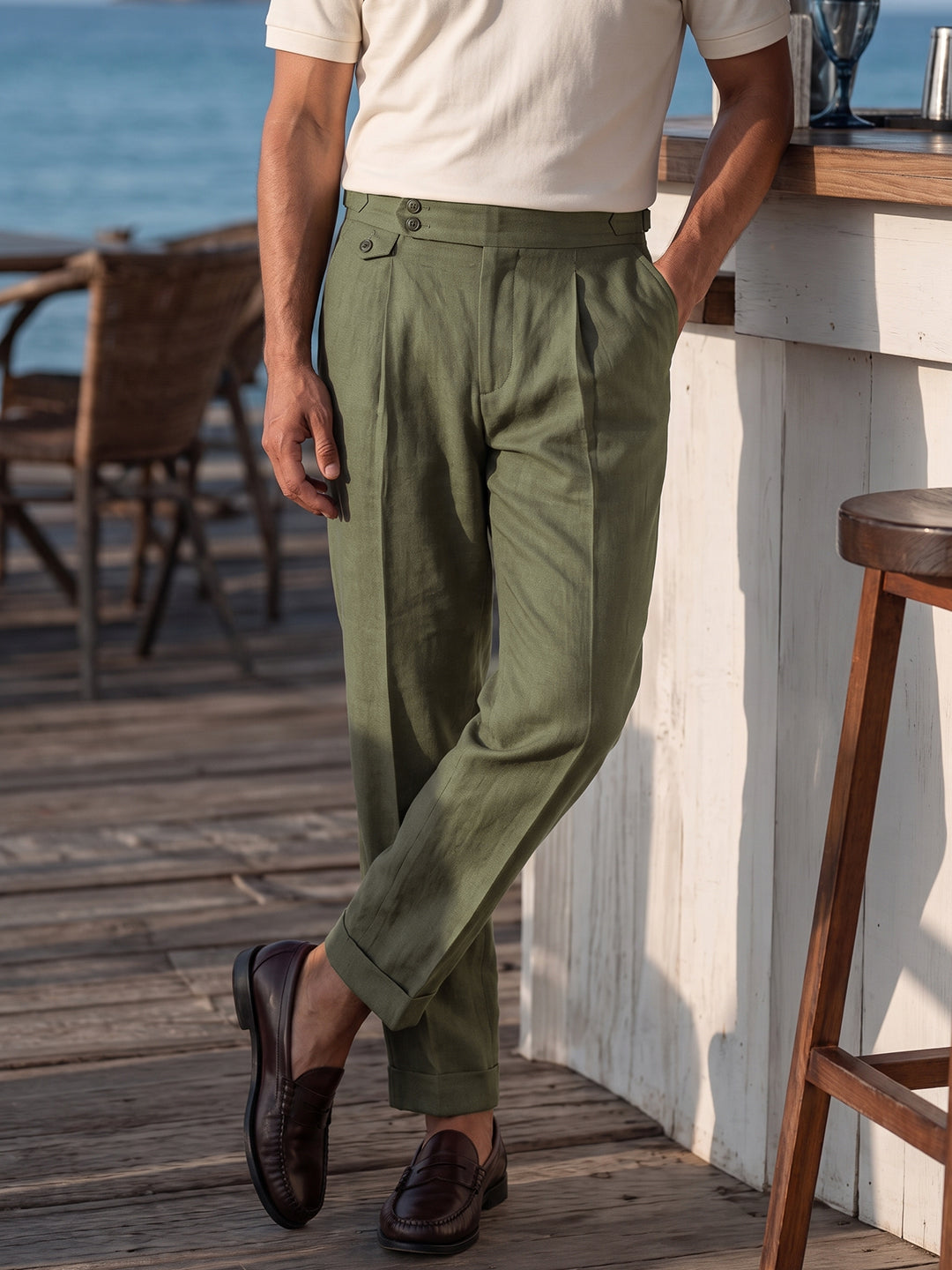 Men's Olive Slim Fit Resort Trousers - Image 1