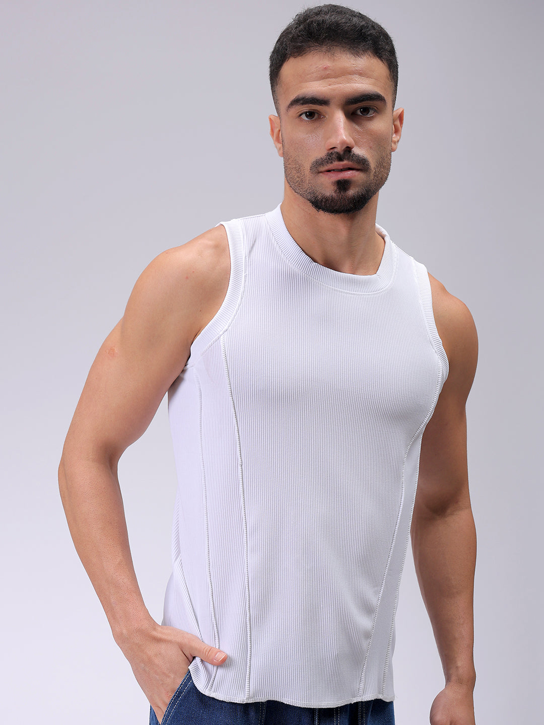 Men's White Slim Fit Textured Round Neck T-shirt