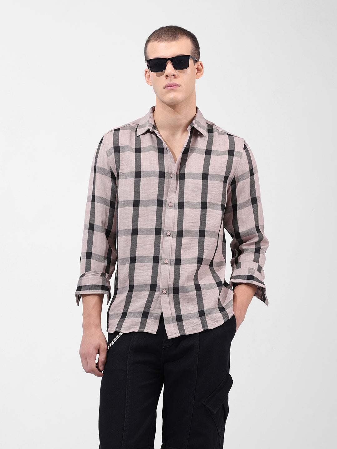 Men's Beige Regular Fit Checked Casual Shirt