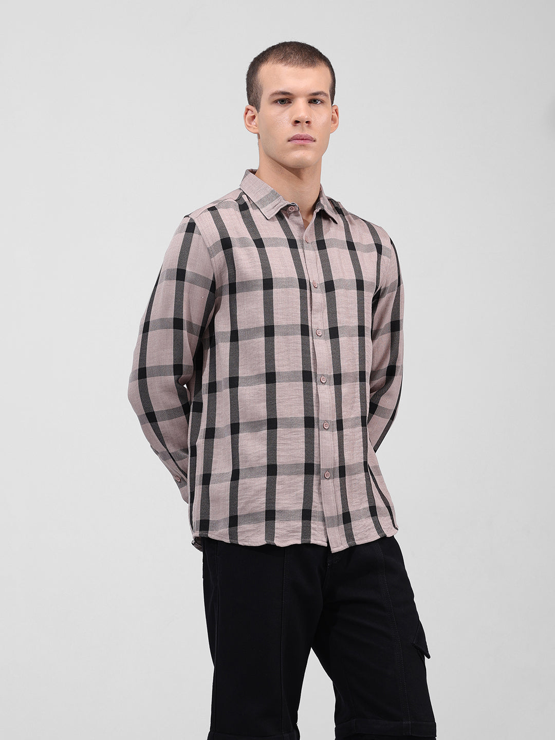 Men's Beige Regular Fit Checked Casual Shirt
