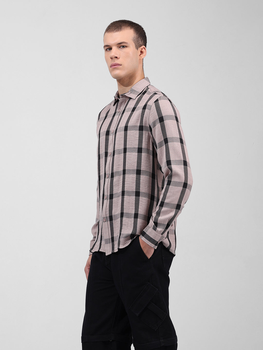 Men's Beige Regular Fit Checked Casual Shirt