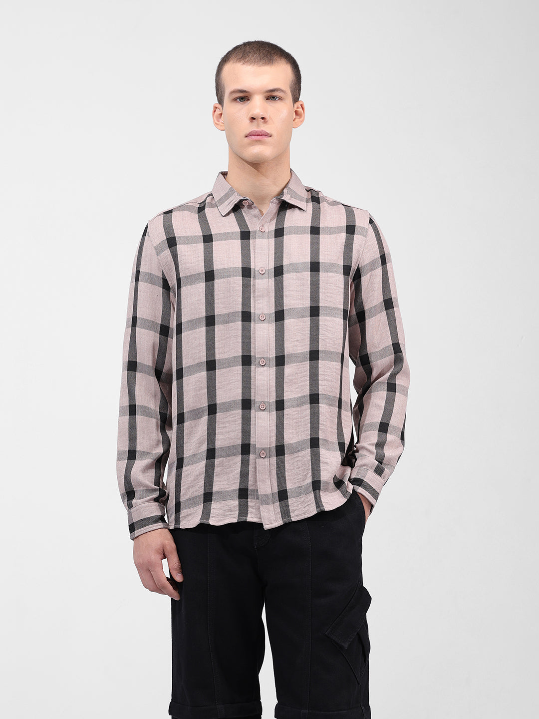 Men's Beige Regular Fit Checked Casual Shirt