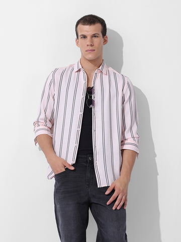 Men's Pink Regular Fit Striped Casual Shirt
