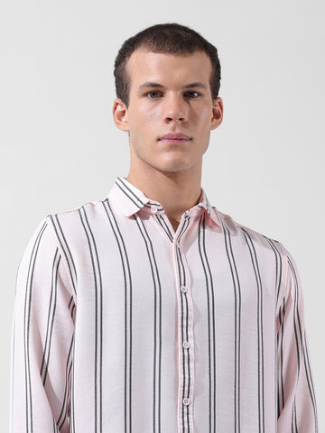 Men's Pink Regular Fit Striped Casual Shirt