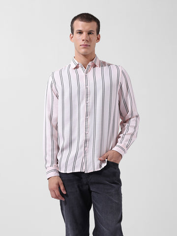 Men's Pink Regular Fit Striped Casual Shirt