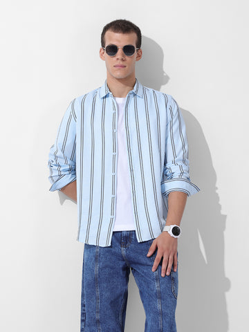 Men's Blue Regular Fit Striped Casual Shirt