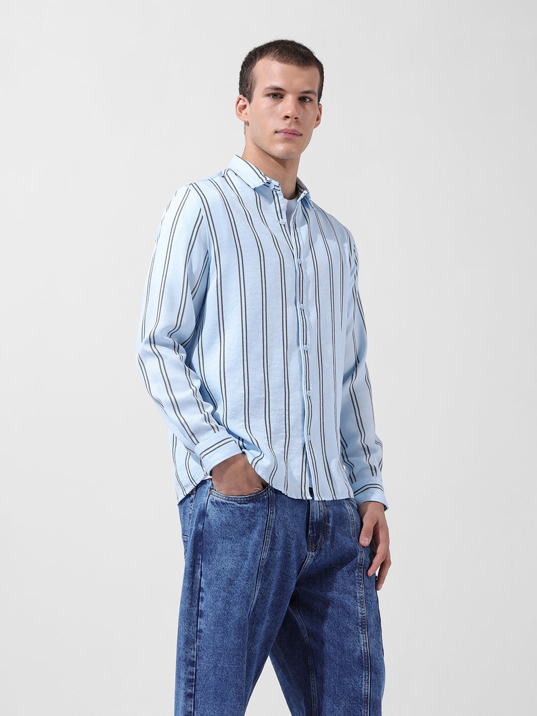 Men's Blue Regular Fit Striped Casual Shirt - Main Image