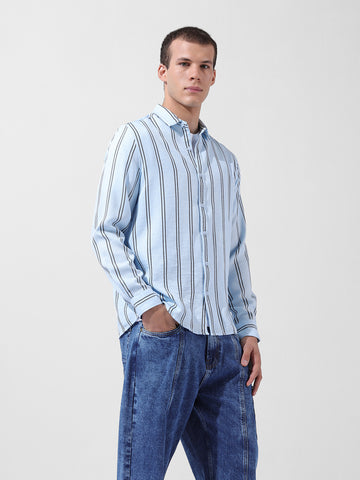 Men's Blue Regular Fit Striped Casual Shirt