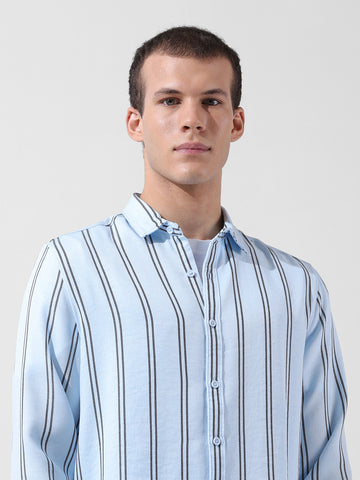 Men's Blue Regular Fit Striped Casual Shirt