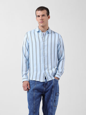 Men's Blue Regular Fit Striped Casual Shirt