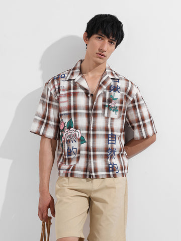 Men's Brown Oversized Fit Resort Wear Checked Shirt