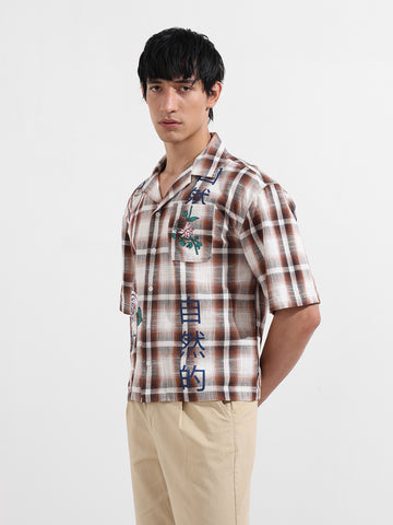 Men's Brown Oversized Fit Resort Wear Checked Shirt