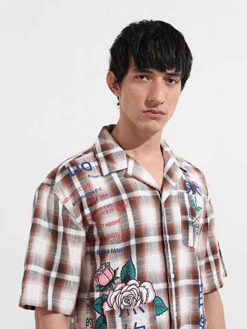 Men's Brown Oversized Fit Resort Wear Checked Shirt