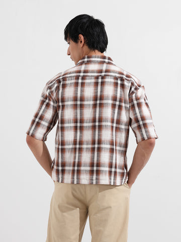 Men's Brown Oversized Fit Resort Wear Checked Shirt