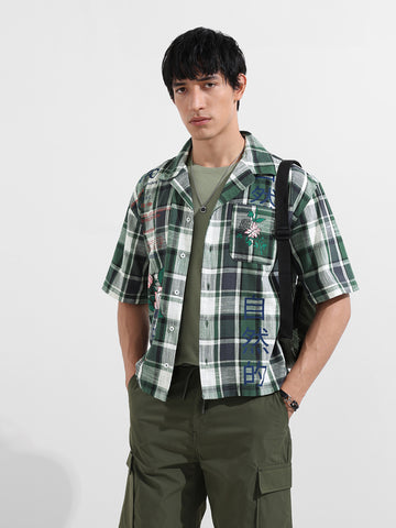 Men's Green Oversized Fit Resort Wear Checked Shirt