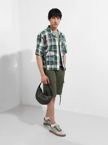 Men's Green Oversized Fit Resort Wear Checked Shirt
