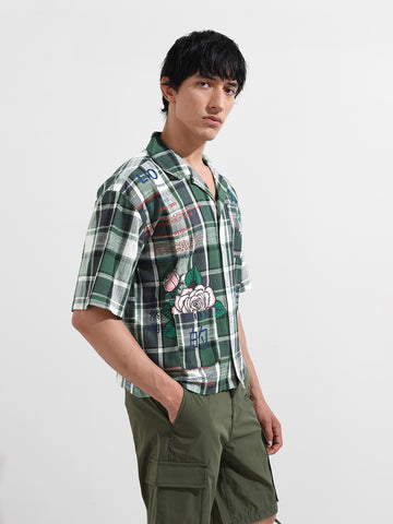 Men's Green Oversized Fit Resort Wear Checked Shirt