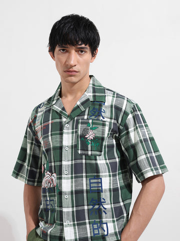 Men's Green Oversized Fit Resort Wear Checked Shirt