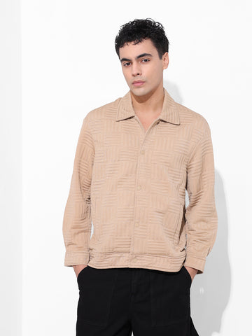 Men's Beige Regular Fit Casual Solid Shacket