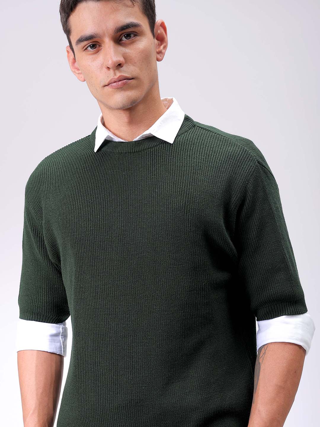 Crew Neck Pullover Over Polo Men's Green Relaxed Fit Textured